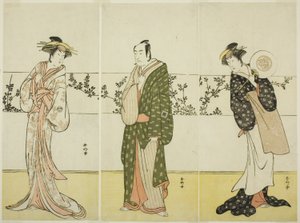 Os actores Osagawa Tsuneyo II (à direita), Ichikawa Monnosuke II (ao centro) e Segawa Kikunojo III (à esquerda), possivelmente como Misao Gozen, Matsuya Soshichi e a cortesã Kojoro de Hakata, na peça Chiyo no Hajime Ondo no Seto (Começos da Eternidade: O O de Katsukawa Shunkо̄