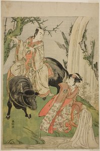 Os actores Segawa Kikunojo III como Princesa Hatsune (Hatsune Hime) (à direita), e Ichikawa Monnosuke II como Miyukinosuke Yukinari, na peça Otokoyama Furisode Genji, representada no Teatro Kiri no décimo primeiro mês de 1785 de Katsukawa Shunkо̄