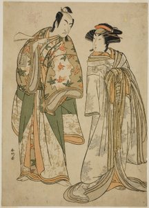 Os actores Segawa Kikunojo III como a cortesã Sumizome (à direita), e Ichikawa Monnosuke II como Goinosuke Yoshimine (à esquerda), na peça Juni-hitoe Komachi-zakura, representada no Teatro Kiri no décimo primeiro mês de 1784 de Katsukawa Shunkо̄