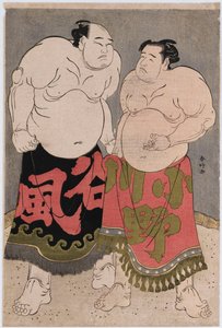 Retratos completos dos lutadores Onogawa Kisaburo, à direita, e Tanizake Kajinosuke, à esquerda