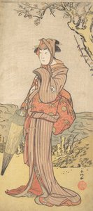 Iwai Kiyotaro como uma mulher em pé debaixo de uma ameixeira, ca. 1788. de Katsukawa Shunko