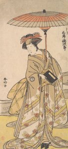 Mimasu Tokujuro como uma mulher em pé perto de um riacho sinuoso, ca. 1780. de Katsukawa Shunko
