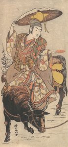 O ator Matsumoto Koshiro IV em um boi em uma tempestade de neve, ca. 1790. de Katsukawa Shunko