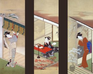 Mulheres nas temporadas de neve, lua e flor de Katsukawa Shunsho