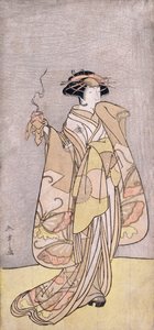 Um retrato completo do actor Ichikawa Monnosuke II num papel feminino com um queimador de incenso (impressão a cores de bloco de madeira) de Katsukawa Shunsho