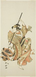 O ator Iwai Hanshiro IV executa a dança do guarda-chuva triplo em “Flower of Japan: Ono no Komachi’s Five Characters” (“Kuni no Hana Ono no Itsumoji”) de Katsukawa Shunsho