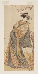 Ator Segawa Tomisaburo II como uma cortesã alta em pé em uma sala (impressão em xilogravura colorida) de Katsukawa Shunsho