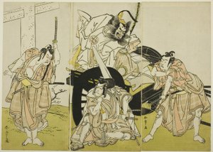 Os actores Nakajima Mihoemon II como Fujiwara no Shihei, Ichikawa Ebizô III como Matsuo-maru, Ichikawa Yaozô II como Sakura-maru, e Ichimura Uzaemon IX como Umeo-maru em "Sugawara