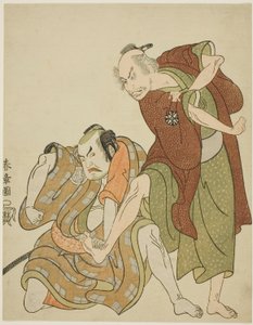 Atores interpretando os papéis de Giheiji e seu genro, Danshichi Kurobei de Katsukawa Shunsho