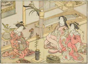 Cortesãs do Kadotsutaya, do livro "Espelho de Belas Mulheres dos Bairros do Prazer (Seiro bijin awase sugata kagami)", vol. 1 de Katsukawa Shunsho
