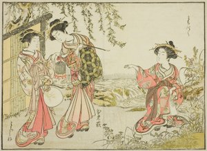 Cortesãs do Kadotsutaya, do livro "Espelho das Belas Mulheres dos Bairros do Prazer (Seiro bijin awase sugata kagami)", vol. 1 de Katsukawa Shunsho