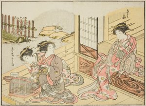 Cortesãs do Kagemanjiya, do livro "Espelho de Mulheres Bonitas dos Quartos de Prazer (Seiro bijin awase sugata kagami)", vol. 1 de Katsukawa Shunsho