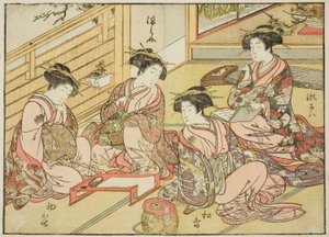 Cortesãs do Matsubaya, do livro "Espelho das Belas Mulheres dos Bairros do Prazer (Seiro bijin awase sugata kagami)", vol. 1 de Katsukawa Shunsho