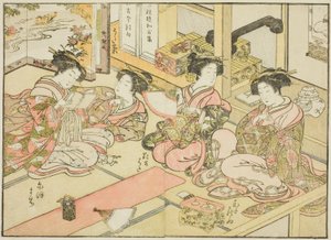 Cortesãs do Ogiya, do livro "Espelho das Belas Mulheres dos Bairros do Prazer (Seiro bijin awase sugata kagami)", vol. 1 de Katsukawa Shunsho