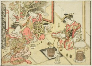 Cortesãs da Okaneya, do livro "Espelho de Belas Mulheres dos Bairros do Prazer (Seiro bijin awase sugata kagami)", vol. 2 de Katsukawa Shunsho