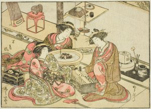 Cortesãs do Yamashiroya, do livro "Espelho de Belas Mulheres dos Bairros do Prazer (Seiro bijin awase sugata kagami)", vol. 2 de Katsukawa Shunsho