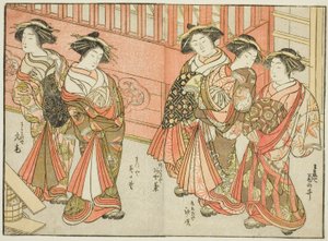 Cinco cortesãs de várias casas, do livro "Espelho de belas mulheres dos aposentos do prazer (Seiro bijin awase sugata kagami)", vol. 3 de Katsukawa Shunsho
