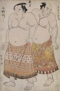 Retratos a todo o comprimento dos lutadores do Grupo Oriental, representando Uzugafuchi e Onagawa (impressão em bloco de madeira a cores) de Katsukawa Shunsho