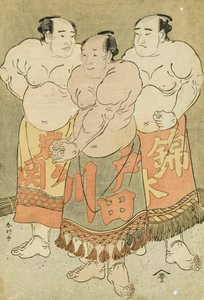 Retratos dos lutadores Nishikigi, Todagawa e Iwagaseki a todo o comprimento que se apresentam no Anel (impressão a cores de bloco de madeira) de Katsukawa Shunsho