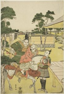 Musashibo Benkei traz o capturado Tosabo Shoshun a Yoshitsune na peça Horikawa Youchi no Zu Uki-e Nimaitsuzuki, c.1782 (xilogravura a cores; oban) de Katsukawa Shunsho