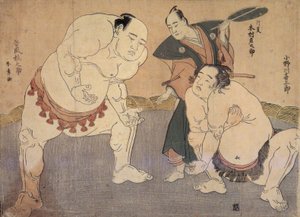 Onagawa Kisaburo e Tanikaze Kajinosuke executam o Shiriki no Dohyo, arbitrado por Kimura Shonosuke de Katsukawa Shunsho