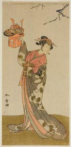 O ator Arashi Hinaji I como Hananoi na peça Gosho-zakura Horikawa Youchi, apresentada no Teatro Ichimura no quarto mês de 1773 de Katsukawa Shunsho