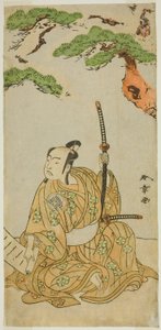 O ator Arashi Sangoro II como Sakura-maru na peça Sugawara Denju Tenarai Kagami, realizada no Teatro Ichimura no primeiro mês de 1772 de Katsukawa Shunsho