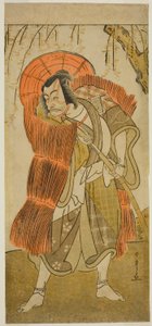 O ator Ichikawa Danjuro V como Akushichibyoe Kagekiyo disfarçado de mendigo, na peça Tsukisenu Haru Hagoromo Soga, apresentada no Teatro Ichimura no terceiro mês de 1777 de Katsukawa Shunsho
