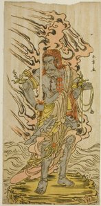 O ator Ichikawa Danjuro V como uma imagem de pedra de Fudo Myoo na peça Kitekaeru Nishiki no Wakayaka, apresentada no Teatro Nakamura no décimo primeiro mês de 1780 de Katsukawa Shunsho