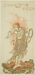 O ator Ichikawa Danjuro V como a divindade budista Fudo na cena final da primeira parte da peça Fuki Kaete Tsuki mo Yoshiwara (Rethatched Roof: The Moon also Shines Over the Yoshiwara Pleasure District), apresentada no Teatro Morita da Primeira de Katsukawa Shunsho