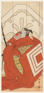 O ator Ichikawa Danjuro V num papel de "Shibaraku", provavelmente como Kato Hyoeisa Shigemitsu, na terceira cena da peça Masakado Kammuri no Hatsuyuki (A primeira neve no toucado da corte de Taira no Masakado), representada no Teatro Nakamura na décima pri de Katsukawa Shunsho