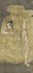 O ator Ichikawa Danzo IV fazendo uma rápida mudança entre os papéis de Sadakuro e Yoichibei, na peça Kanadehon Chushingura, apresentada no Teatro Morita no terceiro mês de Katsukawa Shunsho