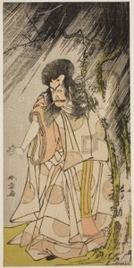 O ator Ichikawa Ebizo III como o deus do trovão, uma encarnação de Sugawara Michizane, na peça Sugawara Denju Tenarai Kagami, apresentada no Teatro Ichimura no oitavo mês de 1776 de Katsukawa Shunsho