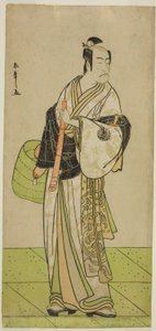 O ator Ichikawa Ebizo como Kudo Suketsune disfarçado de Komuso na peça Waka Murasaki Edokko Soga, apresentada no Teatro Ichimura no primeiro mês de 1792 de Katsukawa Shunsho
