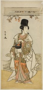 O ator Ichikawa Monnosuke II como o servo da corte Shoheida Sadamori na peça Masakado Kammuri no Hatsuyuki, apresentada no Teatro Nakamura no décimo primeiro mês de 1777 de Katsukawa Shunsho