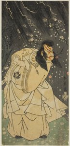 O ator Ichimura Uzaemon IX como Kan Shojo na peça Sugawara Denju Tenarai Kagami, apresentada no Teatro Ichimura no oitavo mês de 1768 de Katsukawa Shunsho