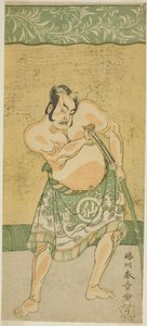 O ator Nakamura Sukegoro II como o lutador de sumô Matano no Goro na peça Myoto-giku Izu no Kisewata, apresentada no Teatro Ichimura no décimo primeiro mês de 1770 de Katsukawa Shunsho