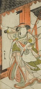 O ator Nakamura Tomijuro I como Hangaku Gozen arrombando o portão na peça Wada-gassen Onna Maizuru (O conflito de Wada: Maizuru de uma mulher), apresentada no Teatro Nakamura a partir do vigésimo quinto dia do sétimo mês de Katsukawa Shunsho