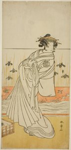 O ator Nakamura Tomijuro I como a cortesã Toyama na peça Koi Nyobo Somewake Tazuna, apresentada no Teatro Nakamura no nono mês de 1777 de Katsukawa Shunsho