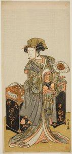 O ator Nakamura Tomijuro I como o Feminino Beancake Mascate Hyugaya na peça Chigo Torii Tobiiri Kitsune, realizada no Teatro Ichimura no décimo primeiro mês de 1777 de Katsukawa Shunsho