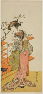 O ator Nakamura Tomijuro I como a garçonete Otake na peça Chigo Suzuri Aoyagi Soga, apresentada no Teatro Nakamura no primeiro mês, 1777 de Katsukawa Shunsho