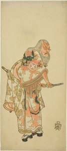 Ator Otani Hiroemon III como Hige no Ikyu na cena “Sukeroku” na peça “Hitokidori Harutsuge Soga” de Katsukawa Shunsho