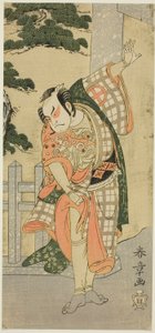 O ator Otani Hiroji III em uma pose de palco (Mie) diante de um portal do santuário de Katsukawa Shunsho