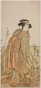 O ator Segawa Kikunojo III como Espírito de um pato mandarim (Oshidori) disfarçado de Tagasode, na peça Hana-zumo Genji Hiiki, apresentada no Teatro Nakamura no décimo primeiro mês de 1775 de Katsukawa Shunsho