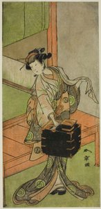 O Ator Yamashita Kinsaku II como Miyagino Disfarçado de Cabeleireiro na Peça Kosode-gura no Tekubari, Apresentada no Teatro Morita no Segundo Mês, 1772 (?) de Katsukawa Shunsho