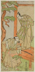 Os atores Ichikawa Danjuro V como Momonoi Wakasanosuke (à direita), e Nakamura Nakazo I como Kakogawa Honzo (à esquerda), na peça Kanadehon Chushingura, apresentada no Teatro Nakamura no Quinto Mês de 1771 de Katsukawa Shunsho