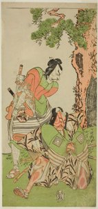 Os Atores Ichikawa Danzo III como I no Hayata Tadazumi (à direita), e Matsumoto Koshiro II como Osada no Taro Kagemune Disfarçado de Yatsurugi Zaemon (à esquerda), na peça Nue no Mori Ichiyo no Mato, apresentada no Teatro Nakamura no décimo primeiro mês ,  de Katsukawa Shunsho