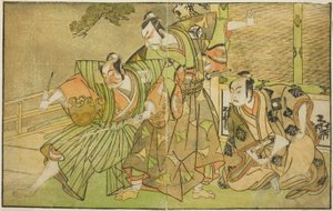 Os atores Ichikawa Komazo II como Minamoto no Yorimasa (à direita), Matsumoto Koshiro II como Osada no Taro Kagemune Disfarçado como Yatsurugi Zaemon (centro) e Ichikawa Danzo III como I no Hayata Tadazumi (à esquerda), In the Play Nue no Mori Ichiyo no Ma de Katsukawa Shunsho