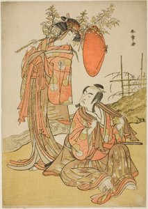 Os Atores Ichikawa Monnosuke II e Segawa Kikunojo III como os Amantes Seijuro (direita) e Onatsu (esquerda), na cena de fuga "Michiyuki Hiyoku no Kiku-cho" (An Elopemet: Chrysanthemum-and-Butterfly Lovebirds), um Interlúdio de Dança de Parte Dois do Pla de Katsukawa Shunsho
