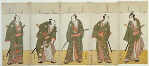 Os actores Ichikawa Monnosuke II como Karigane Bunshichi, Bando Mitsugoro I como An no Heibei, Ichikawa Danjuro V como Gokuin Sen